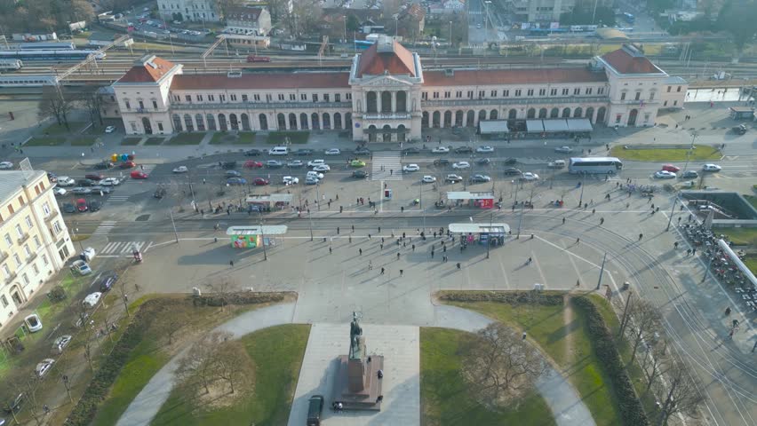 4K aerial video of the main railway station in Zagreb, Croatia