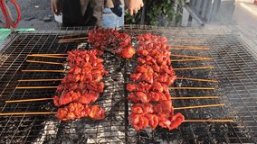 Video of skewered chicken skin being grilled on top of a grill. 