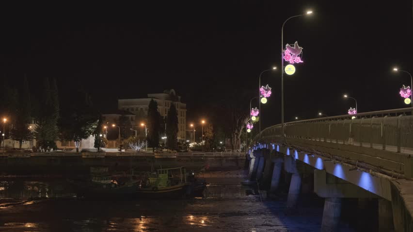 View of the colorfully illuminated bridge over the river at night .