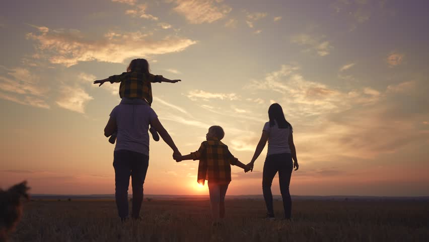 People in the park. big family silhouette walk at sunset. mom dad and daughters walk holding hands in park. large family kid dream concept. parents and children fun walking back silhouette | Shutterstock HD Video #1101230755