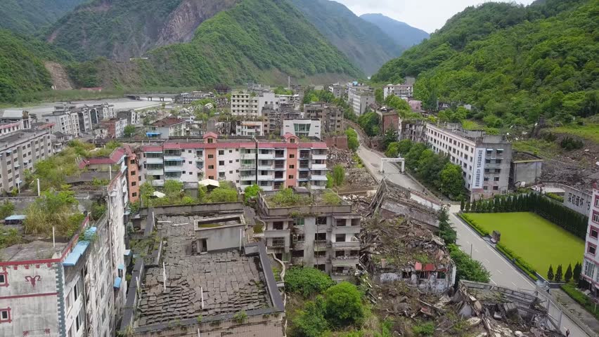 Dilapidated buildings in Lidung County, Sichuan Province, China, after the earthquake. Aerial shot.