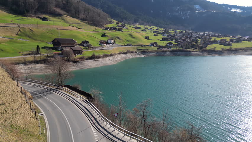 Aerial of Roadway along Lake Lungern, Obwalden, Switzerland