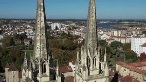 Bayonne Cathedral and cityscape, France. Aerial backward