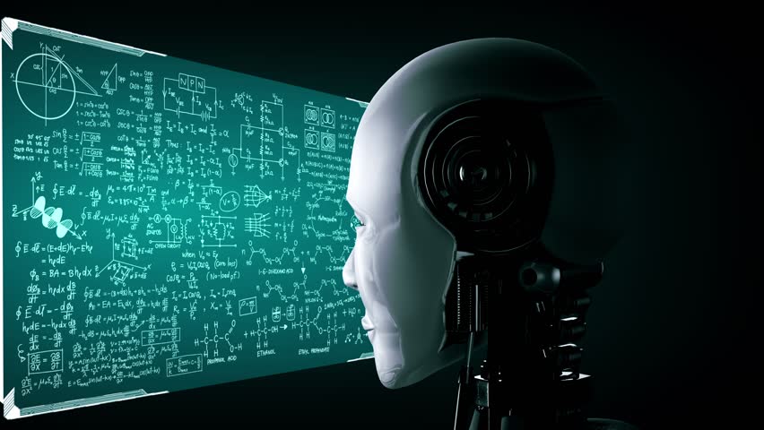 hominoid AI robot looking at hologram screen in concept of math calculation and scientific equation analytic using artificial intelligence by machine learning process. 3D rendering. - Powered by Shutterstock - Get 15% off with code: PIKWIZARD15