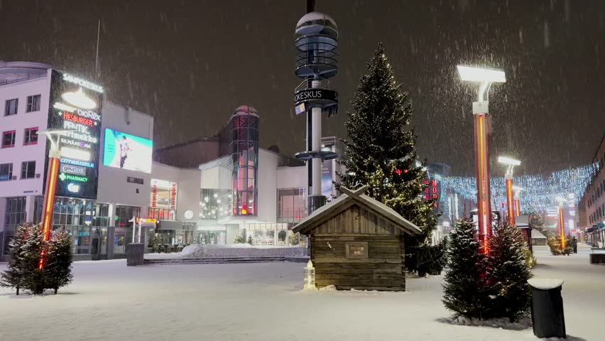 Rovaniemi city center in winter at Christmas time, Finland.
