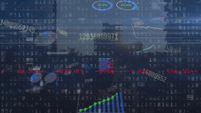 Animation of trading board with binary codes over multiple graphs against silhouette of buildings. Digital composite, multiple exposure, report, stock market, coding, architecture, technology. - Powered by Shutterstock - Get 15% off with code: PIKWIZARD15