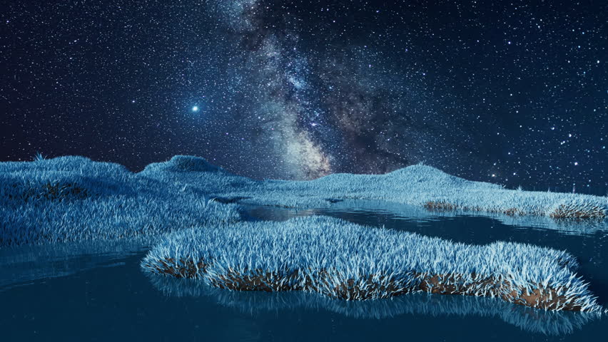 Blue grassland with milky way at night, 3d rendering. Digital drawing.