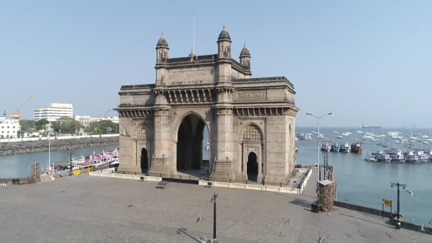 Aerial shot of the Gateway of India in Mumbai during Covid-19 Lockdown in India 
