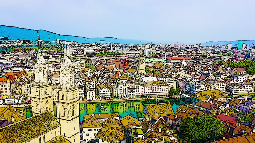 Color sketch in cartoon style. Zurich, Switzerland. Panorama of the city from the air. St. Peter Church, Aerial View, Point of interest