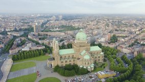 Inscription on video. Brussels, Belgium. National Basilica of the Sacred Heart. Early morning. Heat burns text, Aerial View, Point of interest