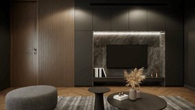 4K video. 3d rendering modern luxury living room interior design and decoration in dark tone elegant, built in dark grey wall, tv shelf. Brown leather sofa and black coffee table.  - Powered by Shutterstock - Get 15% off with code: PIKWIZARD15