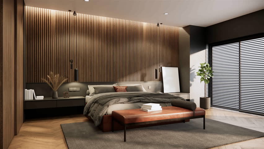 4K video, 3d rendering bedroom interior design and decoration in modern and luxury style, grey bedding and blanket, wooden wall and floor room with sunlight from window. Royalty-Free Stock Footage #1101254559