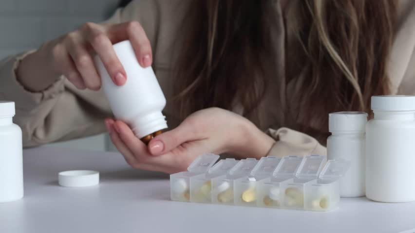 Woman organizing her medication into pill dispenser. Female taking pills from box. Healthcare concept with medicines. Medicaments on table. | Shutterstock HD Video #1101260591