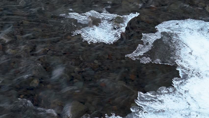Slowly flowing clear water river between ice layer in winter season - close up shot