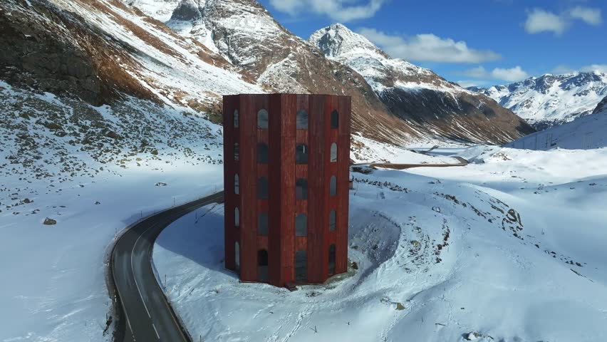 Julier Theater Tower on the Julier Pass in winter. Canton of Graubuenden, Switzerland.