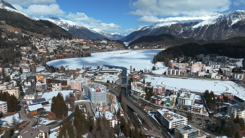 Aerial winter view of the worldwide famous ski resort of St. Moritz, Graubunden, Switzerland