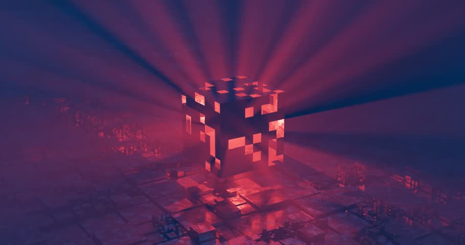 Glowing cube emits bright rays in the fog, destruction or radiation, the concept of data corruption in the data array, extraterrestrial energy source, 3d rendering Royalty-Free Stock Footage #1101266381