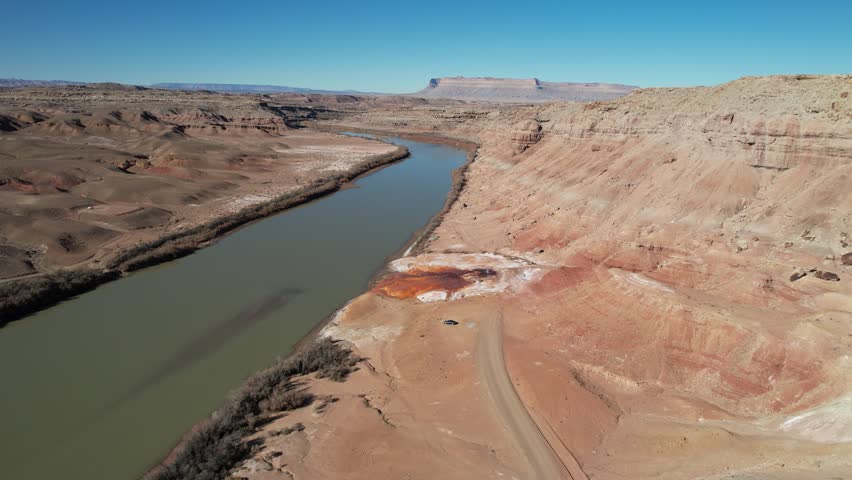 Aerial View of Green River and Crystal Geyser, Utah USA. Cold Spring and Landscape, Drone Shot