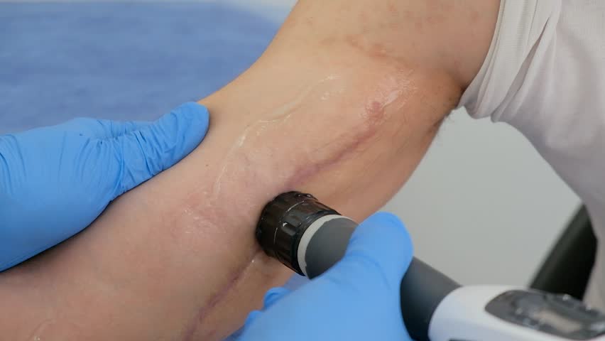 Doctor using shock wave therapy device is performing a procedure on the left arm of a male patient who has a large scar from a previous surgery. Close-up. Royalty-Free Stock Footage #1101269325