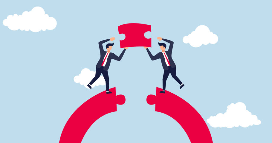 4k Business teamwork and partnership help to achieve team success animation, businessmen working team building connect jigsaw puzzle bridge.