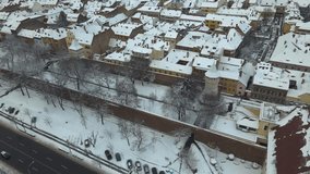 Drone video of the city center of Sibiu, Romania. Footage was taken from a drone at a lower altitude, in winter season, above the boulevard, Haller Bastion and the Citadel Street.