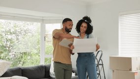 Black couple, real estate and tablet for interior planning, new home or decor together at the house. Man and woman homeowners working on floor plan, touchscreen or home design in renovation or repair - Powered by Shutterstock - Get 15% off with code: PIKWIZARD15