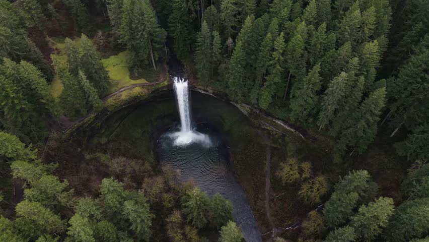 Aerial view of Frenchie Falls waterfall at Frenchie Falls National Park, Oregon, United States. Royalty-Free Stock Footage #1101285479