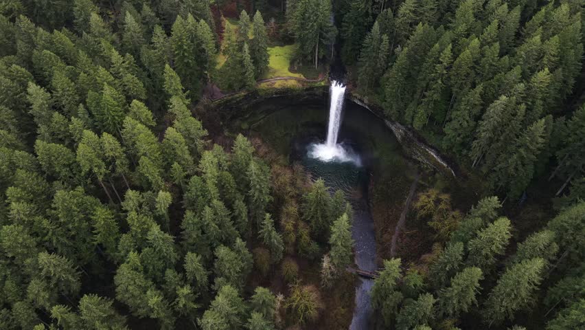 Aerial view of Frenchie Falls waterfall at Frenchie Falls National Park, Oregon, United States.