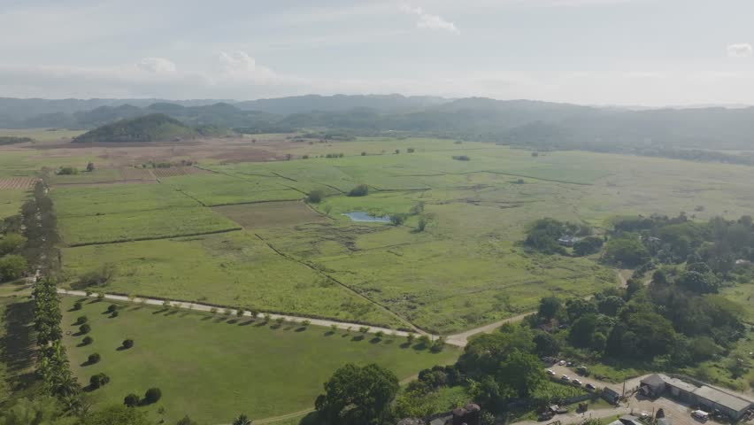 Aerial view of a countryside and hilly landscape near Montego Bay, Saint James, Jamaica.