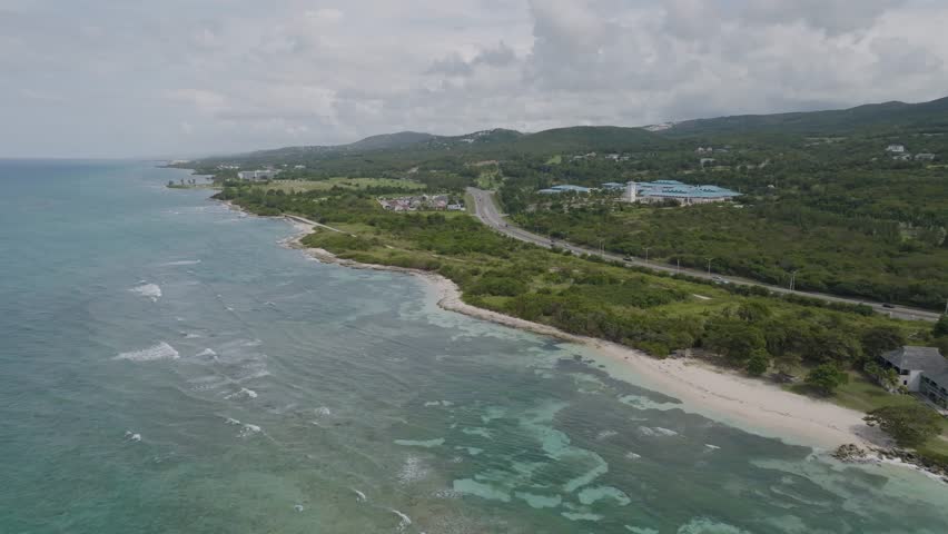 Aerial view of Montego Bay with a cloudy sky in Saint James, Jamaica.