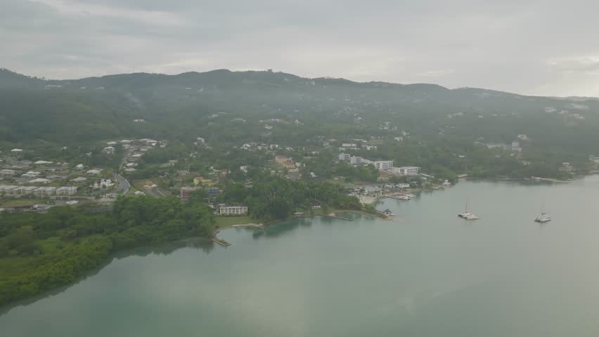 Aerial view of catamarans along the coastline in Montego Bay, Saint James, Jamaica.