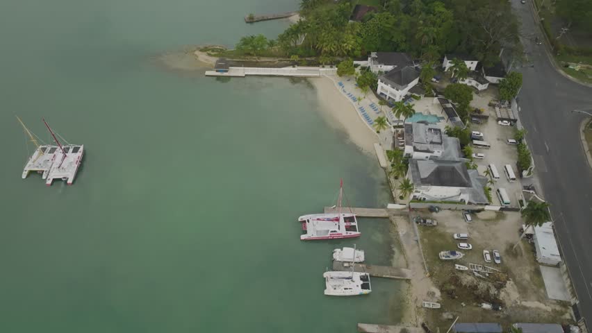 Aerial view of catamarans along the shoreline in Montego Bay, Saint James, Jamaica.