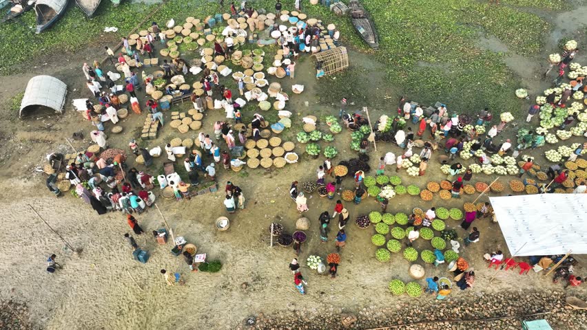 Aerial view of a local food market in Dhaka, Bangladesh.