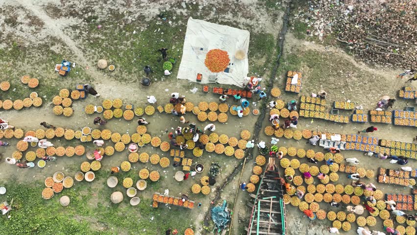 Aerial view of a local food market in Dhaka, Bangladesh.