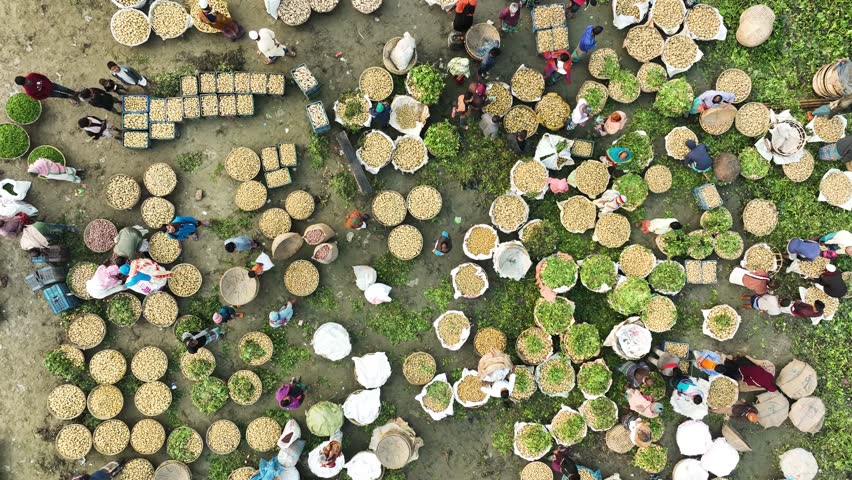 Aerial view of a local food market in Dhaka, Bangladesh.