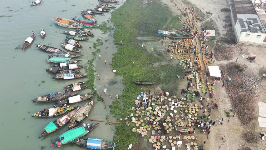 Aerial view of a local food market in Dhaka, Bangladesh.