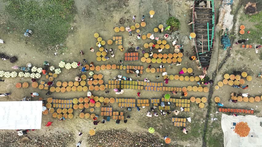 Aerial view of a local food market in Dhaka, Bangladesh.