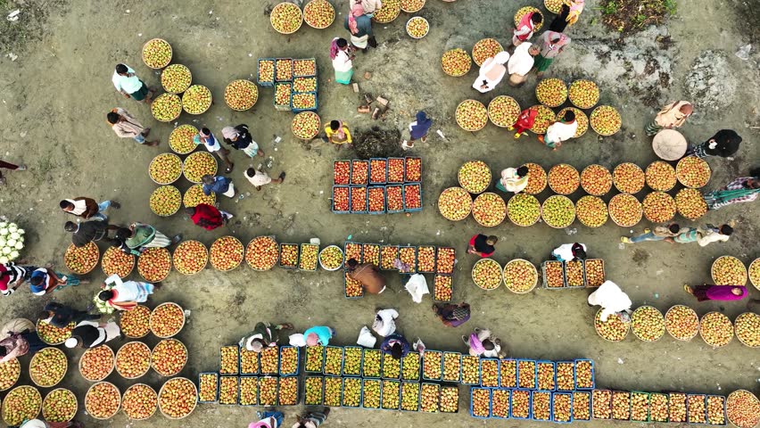 Aerial view of a local food market in Dhaka, Bangladesh.