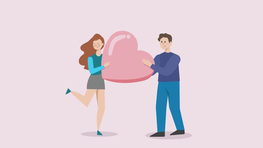 Valentine's day, Couple holding big heart as a gift illustration. 2D Animation, 4K Resolution Loopable Royalty-Free Stock Footage #1101286947