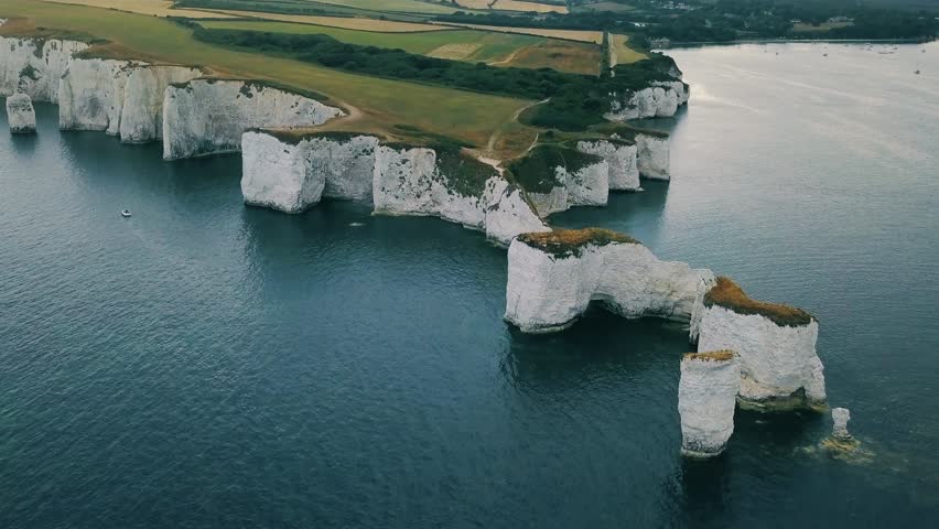 Aerial view of Old Harry Rocks sea stacks in Studland, Dorset, United Kingdom.