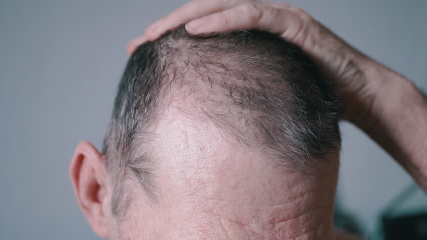 Elderly Man with Hair Loss Problems Touches his Balding Gray Head with Hand. Baldness. Part of head, forehead. Run fingers over hair. Front view. Alopecia of old elderly, mature men. Grey background. Royalty-Free Stock Footage #1101290191