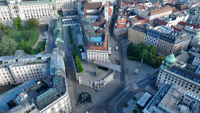 Aerial view of famous Vienna Opera house (Wiener Staatsoper) and the Art Gallery museum in historic center of city - landscape panorama of Austria from above, Europe
