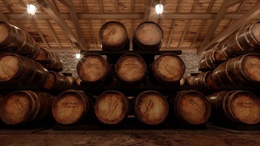 many wine barrels in a cellar with stone walls, 3d animation