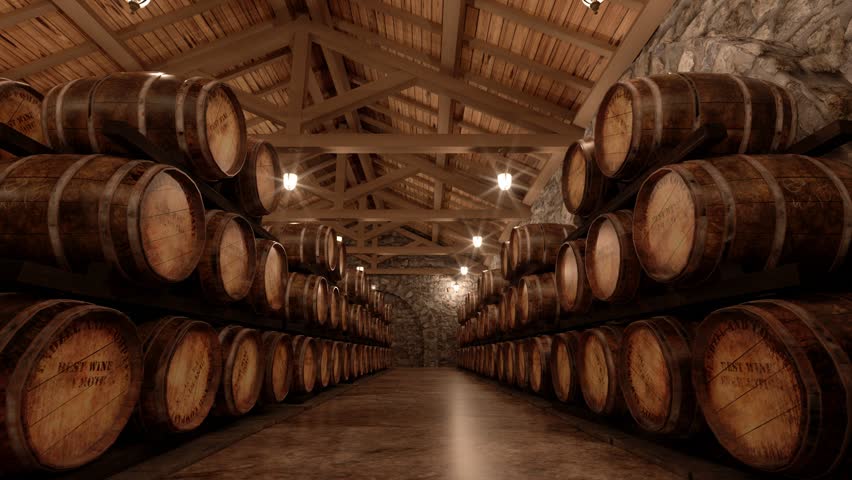 many wine barrels in a cellar with stone walls, 3d animation Royalty-Free Stock Footage #1101291553