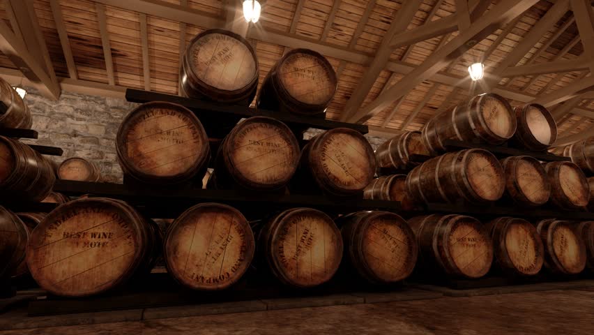 many wine barrels in a cellar with stone walls, 3d animation