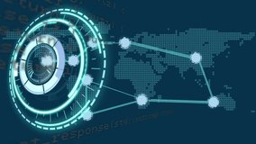 Animation of neon round scanner and data processing over world map against blue background. Computer interface and business networking technology concept - Powered by Shutterstock - Get 15% off with code: PIKWIZARD15