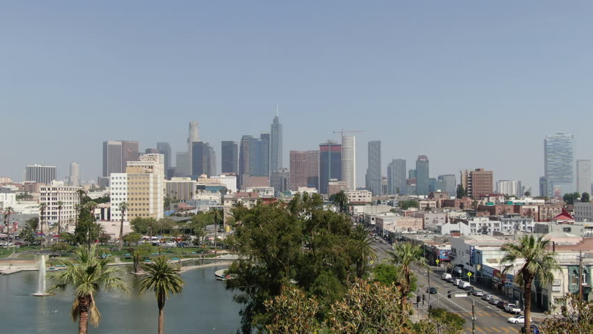 Los Angeles MacArthur Park Aerial Shot Palm Trees Telephoto L