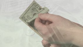 Animation of data processing and dices over hands counting american dollar banknotes. Global currency, business, finances and digital interface concept digitally generated video. - Powered by Shutterstock - Get 15% off with code: PIKWIZARD15