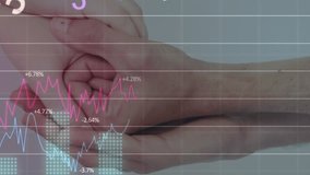 Animation of changing numbers, multiple graphs over cropped image of caucasian couple holding hands. Digital composite, multiple exposure, report, business, growth, love, togetherness and technology. - Powered by Shutterstock - Get 15% off with code: PIKWIZARD15