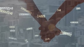 Animation of numbers processing over people holding hands. Global love, romance, business, finances, computing and data processing concept digitally generated video.